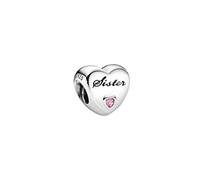 FGT Sister Pink Love Heart Sterling Silver Charm fits Pandora Charms Bracelets Birthday Bead Gift for Women Friendship Sisters Cursive Writing