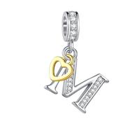 FGT Two-Tone Capital A-Z Initial Letter Rose Gold Heart Danngle Charm fit Pandora Charms Bracelets Birthday Women Alphabet Name