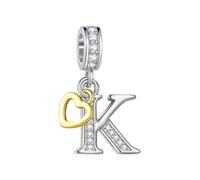 FGT Two-Tone Capital Initial K Letter Rose Gold Heart Danngle Charm fits Pandora Charms Bracelets Birthday Jewellery Gift for Women