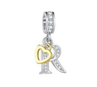 FGT Two-Tone Capital Initial R Letter Rose Gold Heart Danngle Charm fits Pandora Charms Bracelets Birthday Jewellery Gift for Women
