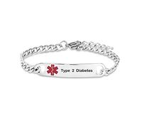 FGT Type 2 Diabetes Medical Alert ID Bracelet for Women Men Adults Emergency Medical Jewelry Red Cross Engraved Stainless Steel Adjustable Chain