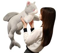 FGTLJ Crazy Cat Plush Kitten Toy with Shark Tail, Large Shark Shape Cat Stuffed Animal Gray Cat Plushie Hugging Pillow Soft Cute Cat Plush Kitty Dolls Gifts 27.6''