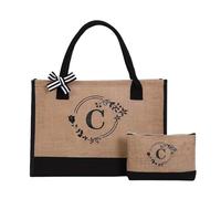 FGUJSUR Letter Garland Linen Large Capacity Canvas Tote Bag Shopping Duffle For Wedding, Birthday Beach Vacation(Brown-C)