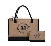 FGUJSUR Letter Garland Linen Large Capacity Canvas Tote Bag Shopping Duffle For Wedding, Birthday Beach Vacation(Brown-M)