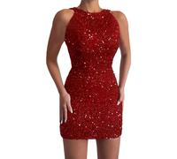 FGUUTYM A Fashion Dress Shoulder Sequins Shoulder Sequins Solid Long Ruffled Thin Cold Sexy Women Dress Short Glitter Dress, Z2-red, S