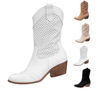 FGUUTYM Cowboy Boots Women's Western Boots Lace Toe Medium High Ankle Boots Hollowed Breathable Short Boots Slip On Low Boots Block Heel Cowgirl Boots Transition Boots, White, 5 UK