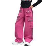 FGUUTYM Girls' Work Jeans Spring Summer and Autumn New Models for Middle and Large Children with Big Pockets Retro Wide Leg Pants Trendy and Loose Casual Trousers Leggings Riding Trousers Girls, pink