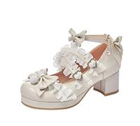 FGUUTYM Mary Jane Low Shoes with High Heel Girls Women Cute and Elegant Princess Shoes Dress Shoes Lace Bow Pearl Strawberry Cute Evening Shoes Wedding Shoes Festive Party, Z2 Beige, 13 UK Child