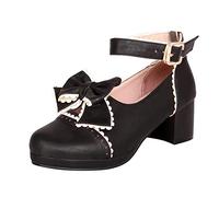 FGUUTYM Mary Jane Low Shoes with High Heel Girls Women Cute and Elegant Princess Shoes Dress Shoes Lace Bow Pearl Strawberry Cute Evening Shoes Wedding Shoes Festive Party, Z1 Black, 6 UK