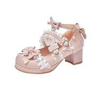 FGUUTYM Mary Jane Low Shoes with High Heel Girls Women Cute and Elegant Princess Shoes Dress Shoes Lace Bow Pearl Strawberry Cute Evening Shoes Wedding Shoes Festive Party, Z2 Pink, 10 UK Child