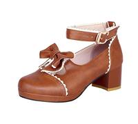 FGUUTYM Mary Jane Low Shoes with High Heel Girls Women Cute and Elegant Princess Shoes Dress Shoes Lace Bow Pearl Strawberry Cute Evening Shoes Wedding Shoes Festive Party, Z1 Brown, 12 UK Child