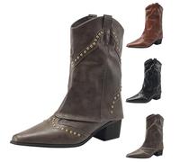 FGUUTYM Medieval Ankle Boots Women's PU Leather Retro Cowgirl Boots Cowboy Boots Lace Toe Cowboy Boots Western Boots Short Boots Slip On Low Boots Block Heel Transition Boots, coffee, 5 UK
