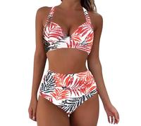 FGUUTYM Primadonna Women's Printed Quick Dry Split Swimsuit Two Piece Swimsuit for Bathing with Chest Padding No Steel Ring Swimwear for Women Large Sizes, red, XL