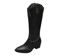 FGUUTYM Women's Mid-Height Ankle Boots, Western Boots, Cowboy Boots with Block Heel, PU Leather, Retro Cowboy Boots, Waterproof Renaissance Slip-On Boots, Slip-On Design, Calf Length Transition Boots