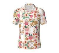 Fgwaauh Corgi Floral Flowers Spring Garden Golf Shirts for Men Dry Fit Performance Polo Short Sleeve Collared Shirt Black