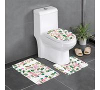 Fgwaauh Flamingo Bird Round Leaves Bathroom Rug Mat Set 3 Piece, Non-Slip Soft Carpet Mats, U-Shaped Toilet For Bathroom, Tub, Shower