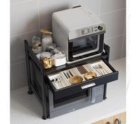 FGXHHS 2-Tier Microwave Oven Rack with Storage Drawer - Carbon Steel Kitchen Stand for Utens & Tableware, Black Countertop, Space-Saving Shelf Solution