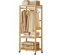 FGXHHS Bamboo Clothes Rack with Castors, Open Wardrobe 3 Storage Shelves and Upper Rail for Hanging Clothes, Bedroom, Hallway, Living Room, Balcony (98X34X160CM)