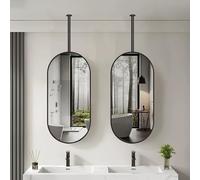 FGXHHS Bathroom Vanity Mirror, Modern Simple Floating Oval Hanging Pole Mirror on the Ceiling, Black Creative Decorative for Dressing Table at Home or Hotel, Easy Assembly(50cmx60cm)