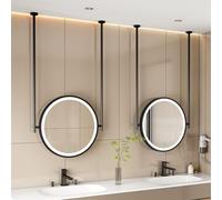 FGXHHS Ceiling Hanging Floating Mirrors, Circle Led Illuminated Bathroom Mirror Wall Decorative with Black Metal Frame and Double Rods, Round(Diameter-50CM/19.7INCH)