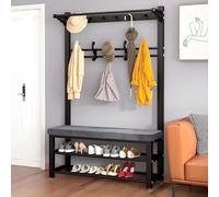 FGXHHS Entryway Coat Rack with Shoe Bench & Sto Shelf, Hall Tree Hoo, Cush Seat, Metal e for Living Room, Hallway, Bedroom - Black (60x33x172cm)