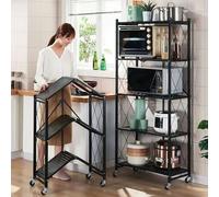 FGXHHS Foldable Metal Wire Storage Shelf with Wheels - Easy-Assembly Kitchen Rack for Pantry, Basement, Laundry Room & Microwave Stand, Space-Saving