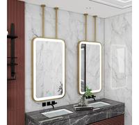 FGXHHS Gold Rectangle Ceiling Hanging Mirrors｜Metal Framed Wall Mirrors LED Bathroom Vanity Mirror for Over Sink｜Modern Decorative Mirror｜3 Colors Dimmable Light(40cmx70cm)