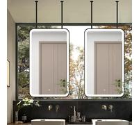 FGXHHS Modern Ceiling Mounted Mirrors｜LED Illuminated with 3 Colors Dimmable｜Rectangle Vanity Shaving Makeup Mirrors Metal Hanging Rod Lighted Mirrors｜Black(40cmx70cm)