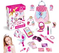 FGXY Girl My First Purse Set, 17PCS Pretend Play Purse Accessories Princess Make Up Accessories Sunglasses Kids Credit Card Keys Play Lipstick Bracelet Cute Hand Bag Smartphone with Lights and Sound