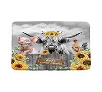 FGYGYK Funny Highland Cow Bath Mat Rustic Sunflower Farmhouse Western Animal Cattle Bull Pig Chicken Country Wooden Fence Microfiber Memory Foam Soft Doormat Kitchen Bathroom Rugs