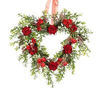 FGYZYP Valentines Day Red Rose Wreath, Artificial Heart Shaped Spring Wreath with Ribbon for Front Door, Handmade Mothers Day Wreath for Girlfriend WomenValentines Wedding Wall Window Decor