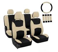 FH Group Automotive Seat Covers Beige Black Universal Fit Seat Cover Combo Set with Steering Wheel Cover and Seat Belt Pad (Airbag Compatible and Split Bench)