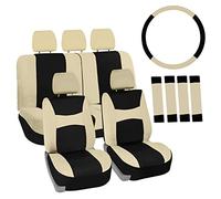 FH Group Automotive Seat Covers Beige Black Universal Fit Seat Cover Combo Set with Steering Wheel Cover and Seat Belt Pad (Airbag Compatible and Split Bench)