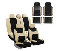 FH GROUP FH-FB030115 Light & Breezy Cloth Seat Cover Set Airbag & Split Ready with Premium Carpet Floor Mats Beige/Black- Fit Most Car, Truck, Suv, or Van