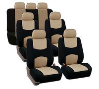 FH GROUP FH-FB050217 Three Row Set Flat Cloth Car Seat Covers (4 Bucket Covers, 1 Solid Bench Cover), Beige/Black - Fit Most Car, Truck, Suv, or Van