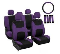FH GROUP Full Set Car Seat Covers Cloth, Universal Fit combo, Set with Steering Wheel Cover and Seat Belt Pad fits Most Cars, SUVs, Trucks Purple