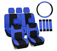 FH GROUP Full Set Cloth Car Seat Covers, Universal Fit Combo Set with Steering Wheel Cover and Seat Belt Pad for Cars, SUVs and Trucks, Blue