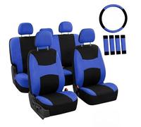 FH GROUP Full Set Cloth Car Seat Covers, Universal Fit Combo Set with Steering Wheel Cover and Seat Belt Pad for Cars, SUVs and Trucks, Blue