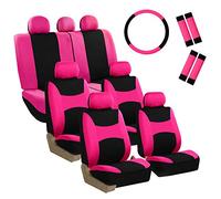 FH Group Light & Breezy Cloth Car Seat Covers, 7 Seater Three Row Set- Airbag & Split Ready -Universal for Cars Trucks and SUVs (Pink/Black)