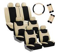 FH Group Light & Breezy Cloth Car Seat Covers, 7 Seater Three Row Set- Airbag & Split Ready -Universal for Cars Trucks and SUVs Beige/Black