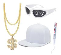 FHAEIOS 4 Pcs Hip Hop Costume Kit Rapper Accessories 2000s 80s 90s Outfit for Men Women Halloween Rapper Sunglasses Hat and Chain