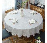Fhberni Round Tassel Plaid Tablecloth, Heavy Weight Cotton Linen Fabric Table Cover for Kitchen Dining Tabletop Decoration, Grey, 160 cm Round