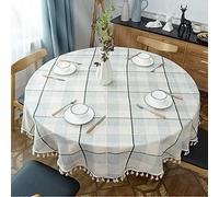 Fhberni Round Tassel Plaid Tablecloth, Heavy Weight Cotton Linen Fabric Table Cover for Kitchen Dining Tabletop Decoration, Off white & Grey, 160 cm Round
