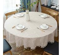 Fhberni Round Tassel Plaid Tablecloth, Heavy Weight Cotton Linen Fabric Table Cover for Kitchen Dining Tabletop Decoration, Beige, 120 cm Round