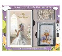 FHC First Holy Communion Gift Set Girl Missal Book, Rosary Beads, Photo Frame 9cm x 6cm C5188