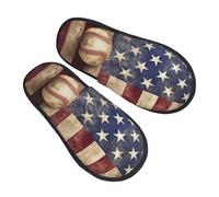 FHEBNDS American flag and baseball Slippers for Women Men Fuzzy Slip-on Slippers Memory Foam Non-slip Indoor Outdoor House Slipper Warm Cozy Slide Shoes Soft Plush Bedroom Slipper Trendy Gift, Black