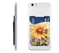 FHEBNDS Blackboard Bees Sunflowers Phone Wallet Stick on, Cell Phone Card Holder for Phone Case, Leather ID Credit Card Holder for Women Men, Adhesive Phone Pocket for Back of Phone
