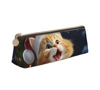 FHEBNDS Cute Cat Sing Christmas Carols Makeup Bag for Women Men Large Pencil Case Aesthetic Pencil Pouch Coin Pouch Leather Cosmetic Bag with Zipper Office Organizer Travel Essentials