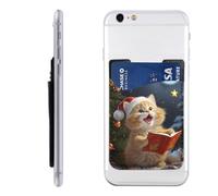 FHEBNDS Cute Cat Sing Christmas Carols Phone Wallet Stick on, Cell Phone Card Holder for Phone Case, Leather ID Credit Card Holder for Women Men, Adhesive Phone Pocket for Back of Phone