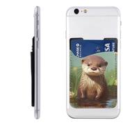 FHEBNDS Cute otter Phone Wallet Stick on, Cell Phone Card Holder for Phone Case, Leather ID Credit Card Holder for Women Men, Adhesive Phone Pocket for Back of Phone